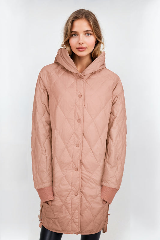 Women's Pink Longline Quilted Down Coat – Diamond Stitch Design