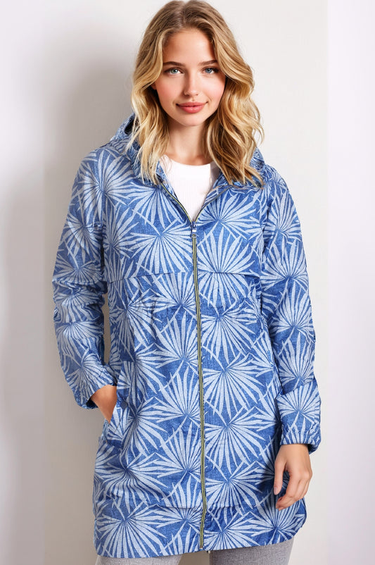 Women’s Blue Feather Lightweight Hooded Rain Coat