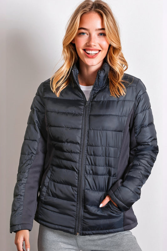 Women’s Full Zip Puffer Jacket with Ribbings - Navy