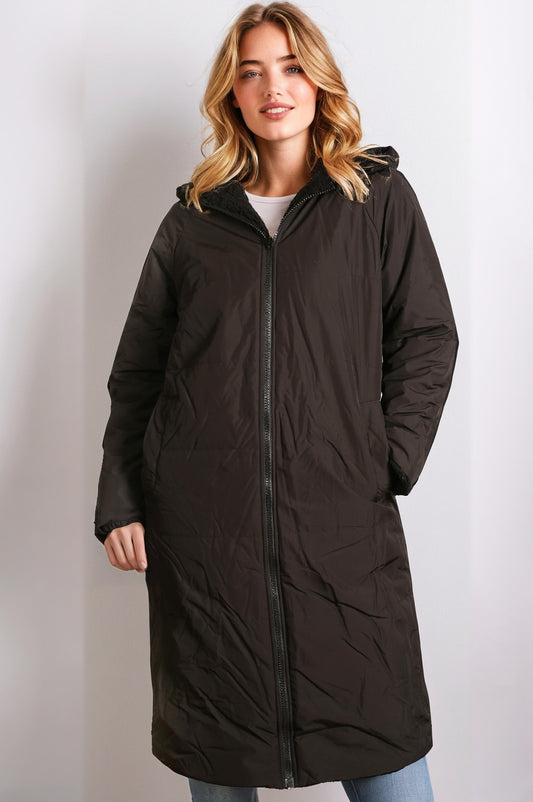 Women’s Reversible Long Teddy Coat - Black