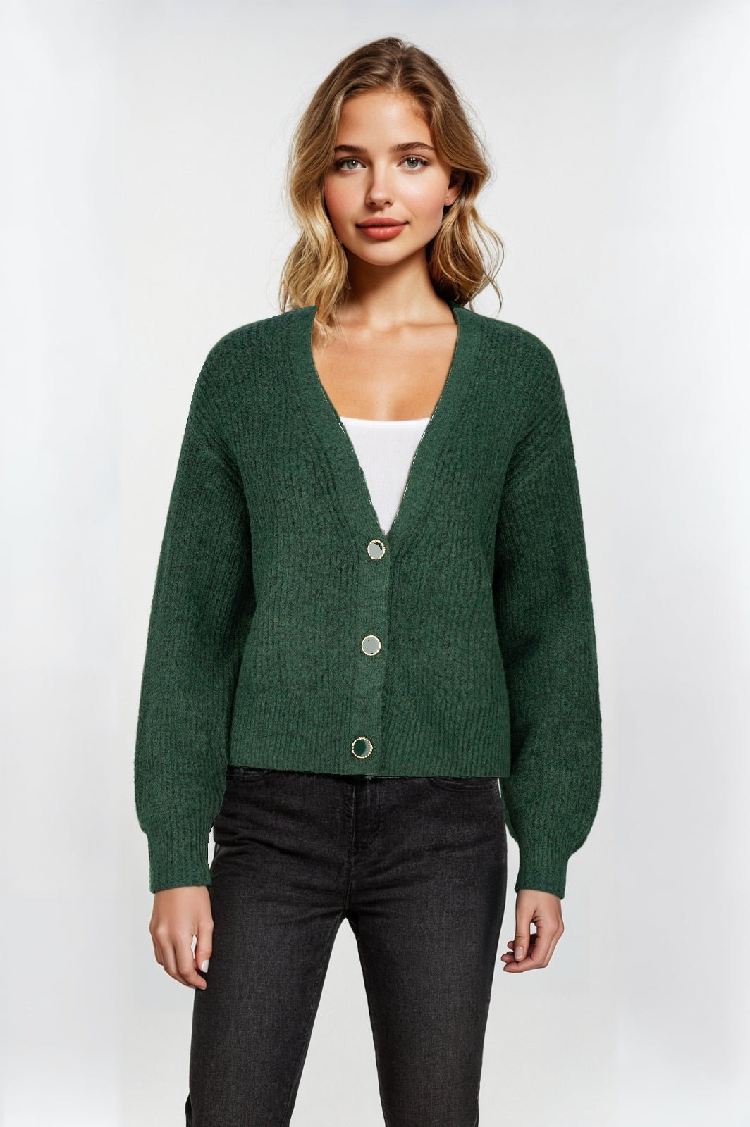 Women's Military Green Short Cardigan – 3-Button Classic Layer