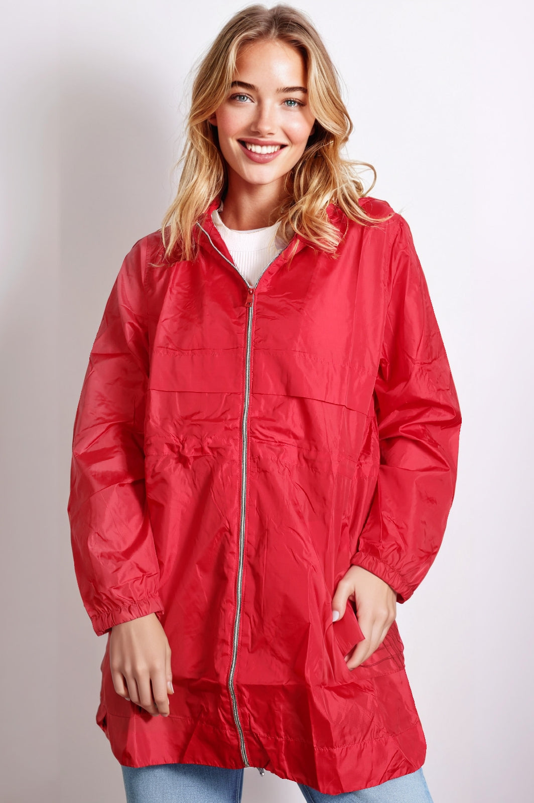 Women’s Red Basic Waterproof Rain Jacket