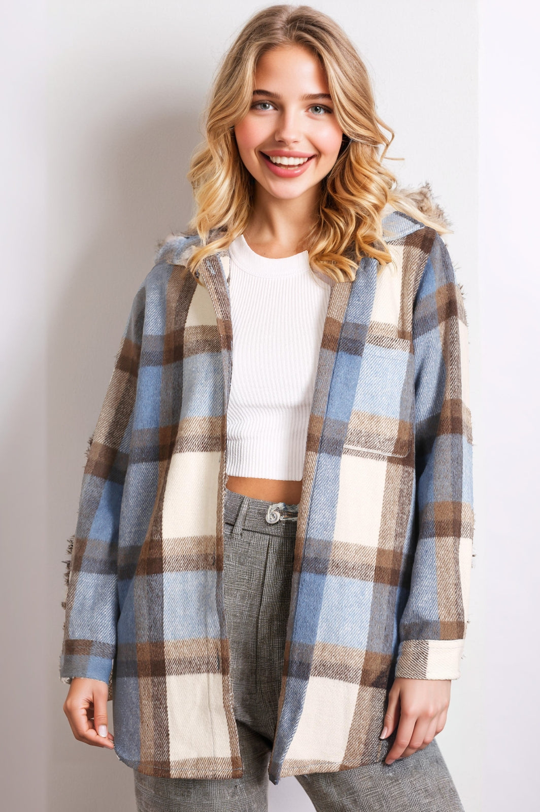 Women’s Blue Check Relaxed Fit Shacket