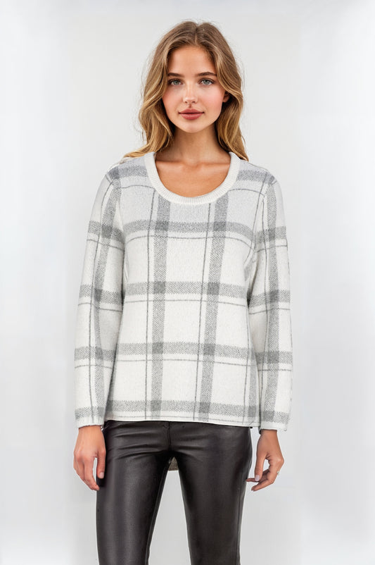 Women's White Check Design Crew Neck Jumper