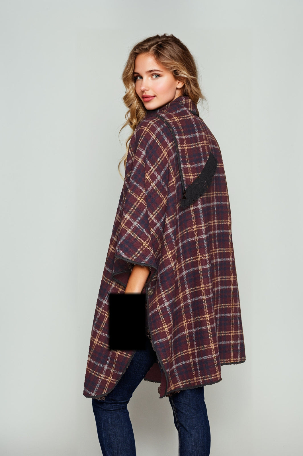 Women’s Plaid Reversible Long-Line Cape - Wine