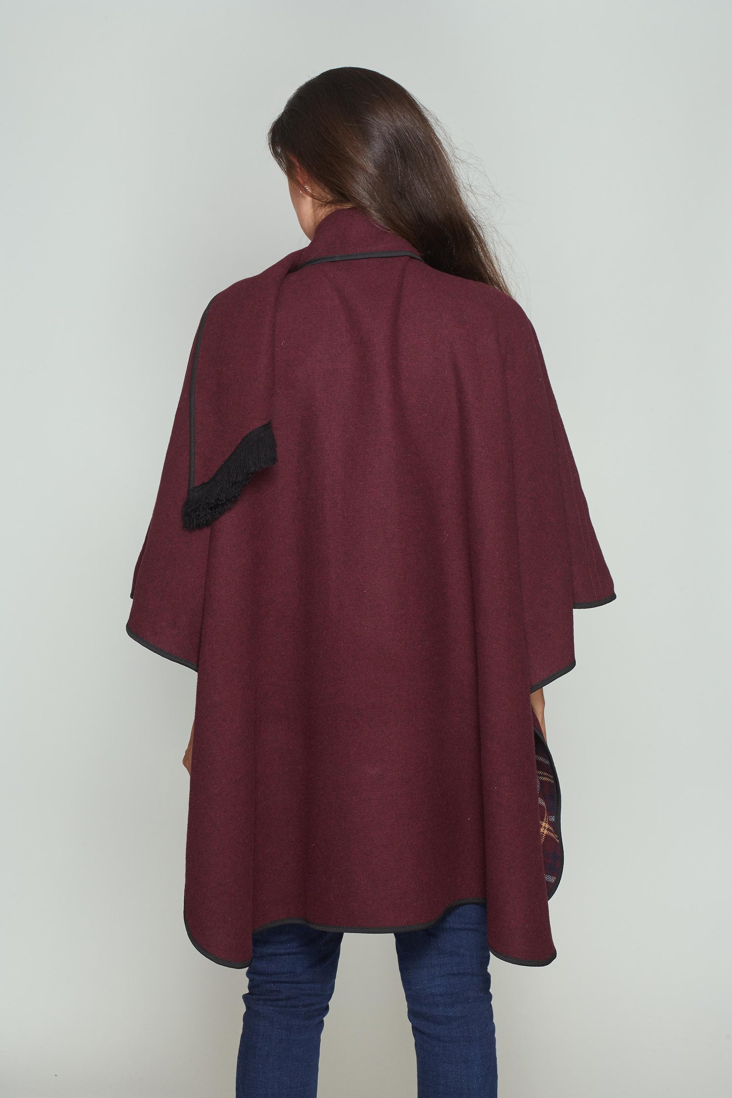 Women’s Plaid Reversible Long-Line Cape - Wine
