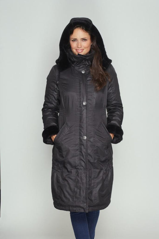 Women’s Long Puffer Coat with Fur Trim Hood - Black