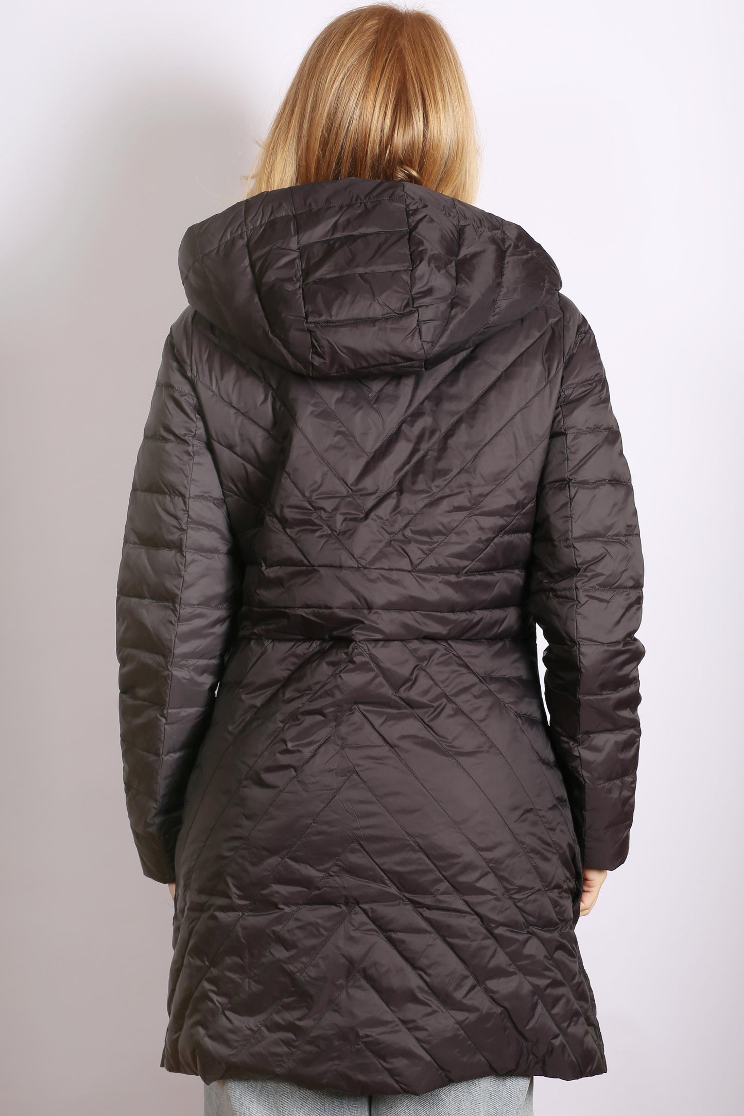 Women’s Detailed Quilted Long Down Hooded Jacket - Black